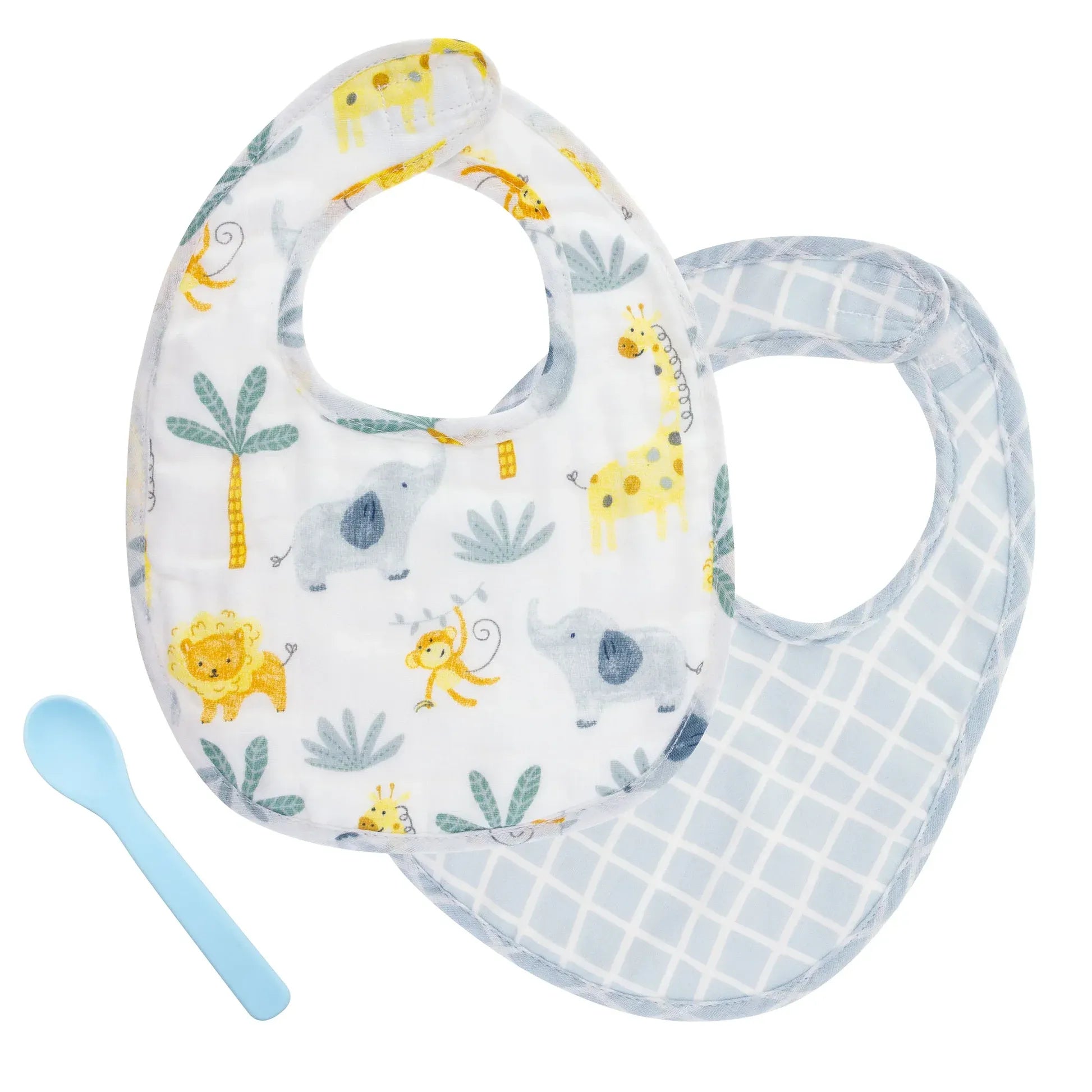 Reversible Animal Print Baby Bib Set With Feeding Spoon